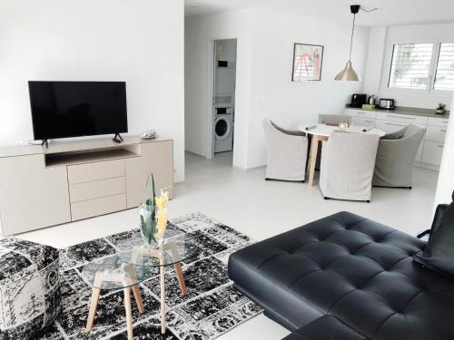 a living room with a couch and a tv at Easy-Living Apartments Dietwil in Dietwil