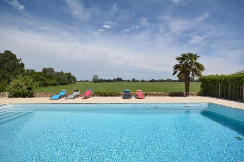 - une piscine avec des chaises et un palmier dans l'établissement le laurier, à Saint-Martin-de-Crau