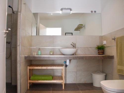 a bathroom with a sink and a mirror at Casa los Tres Nogales in Castroserna de Arriba