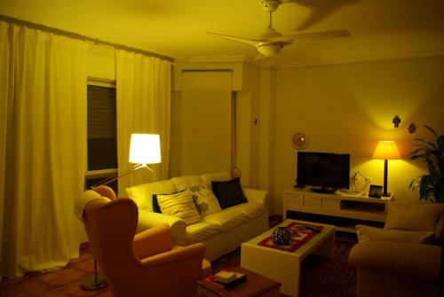 sala de estar con sofá y TV en Bed&Coffee Habitación, en Santa Pola