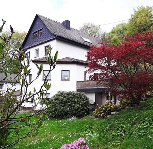 uma grande casa branca com árvores vermelhas e flores em Green Corner Nürburg em Nürburg