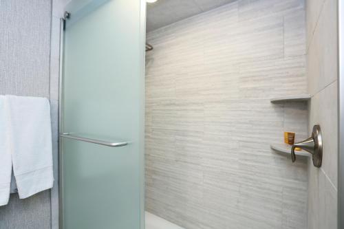 a bathroom with a shower with a glass door at Grand Hotel Cape May in Cape May
