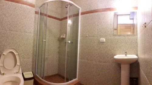 een badkamer met een douche, een toilet en een wastafel bij Hostal Cactus in Cuzco