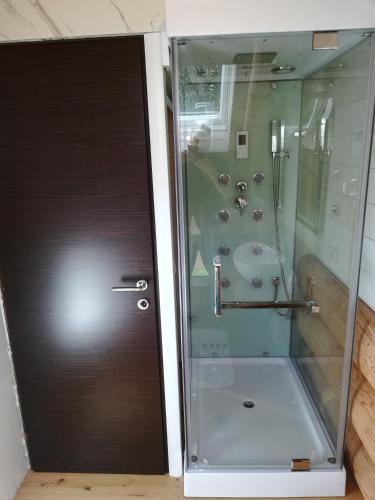 a shower with a glass door in a bathroom at Chalet le Dorf in Nötsch