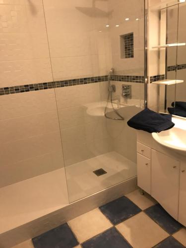 uma casa de banho com um chuveiro, uma banheira e um lavatório. em La maison de Virginie em Saint-Cyprien-Plage