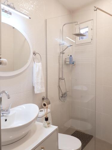 a white bathroom with a sink and a shower at Karin House in Tbilisi City