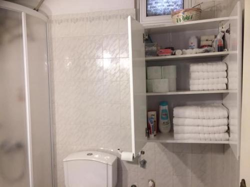 baño con aseo y toallas en un estante en Mikro Katafygio, en Stávloi