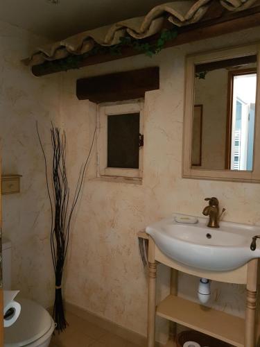 een badkamer met een wastafel, een toilet en een spiegel bij Le Laurier in Cagnes-sur-Mer