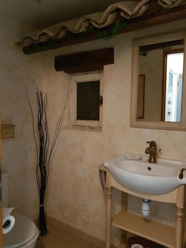 une salle de bain avec un lavabo, des toilettes et un miroir dans l'établissement Le Laurier, à Cagnes-sur-Mer