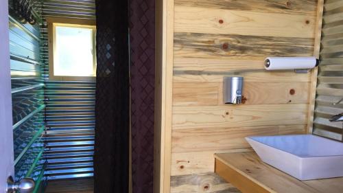 a bathroom with a wooden wall with a sink at Tipi in Monticello