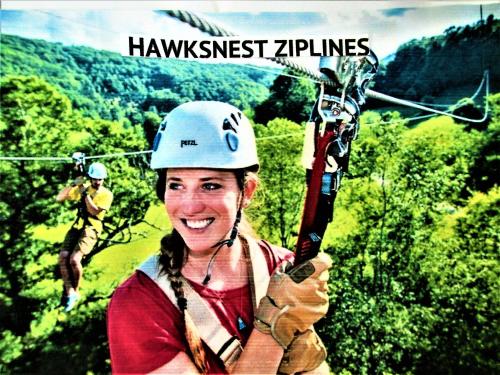 a woman in a helmet holding up a zipline at Alpine Log Cabin in Boone