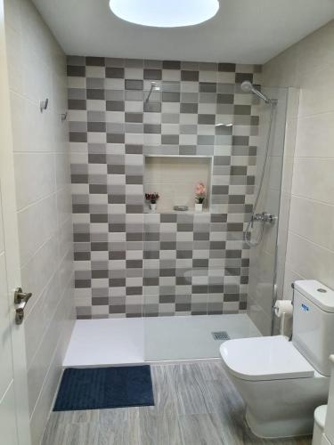 a bathroom with a toilet and a glass shower at luxury casa playa roca bord de mer in Costa Teguise
