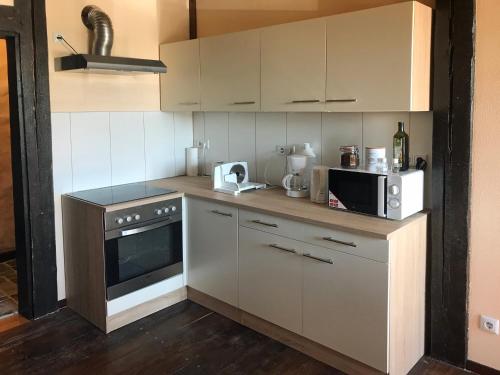 a kitchen with white cabinets and a stove and a microwave at Ferienwohnung WACHSTUBE mit 3 Schlafräumen im Rittergut Leppersdorf in Wachau