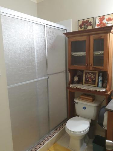 a bathroom with a toilet and a glass shower at Jacaranda Homes in Spanish Town