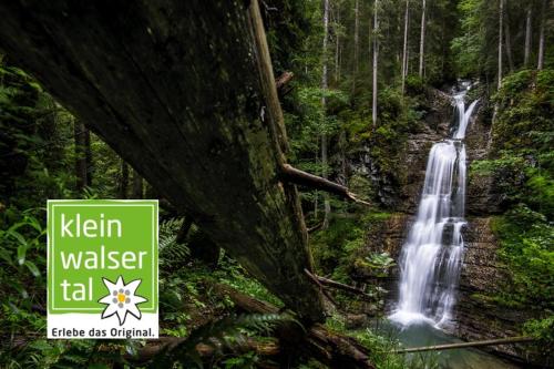 a waterfall in a forest with a sign next to it at Ferienwohnung Riezler in Hirschegg