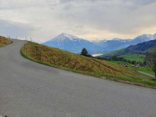 an empty road with mountains in the background at Niesenblick in Aeschlen ob Gunten