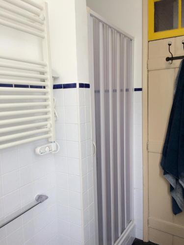 a bathroom with a shower with a glass door at Casa da Canada in Ribeira Grande