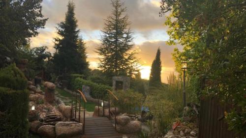 a painting of a garden with stairs and trees at Cabañas De Madera Y Bungalows - Gilmañas 3 in La Iruela