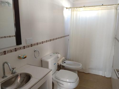 a bathroom with a toilet and a sink and a mirror at Cabañas Elabu in San Miguel del Monte