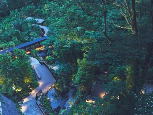 an overhead view of a park with benches and trees at Hakone Kowakien Tenyu in Hakone