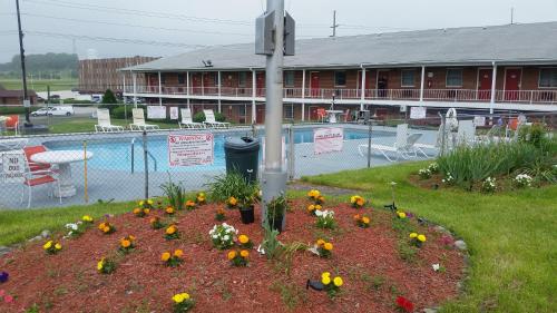 a flower bed in front of a building with a pool at The Boston Inn in Westminster