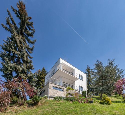a white house on a hill with trees at Mirador Balaton design Villa in Balatonakarattya