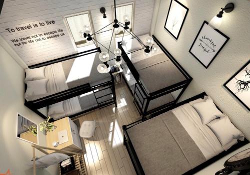 an overhead view of a bedroom with a bed at Sele House in Ha Tien