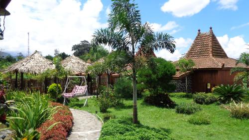 a garden with a palm tree and a swing at Villa Sindoro Village in Wonosobo