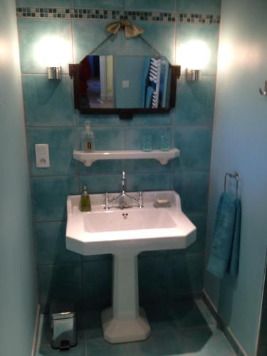 une salle de bain avec un lavabo et un miroir dans l'établissement La Maison Céladon, à Prunay-Cassereau