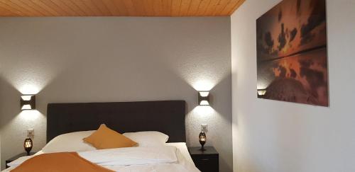 Un dormitorio con una cama con dos luces. en Apartement-Gîte rural à 3 km de Delémont en Courcelon