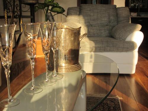 a group of champagne glasses on a table in a living room at Villa Castello Rausch in Poreč