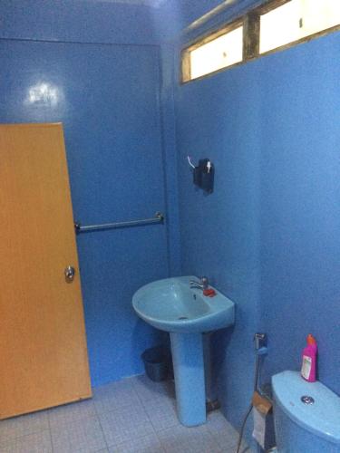 Baño azul con lavabo y aseo en Max Mount View en Nuwara Eliya