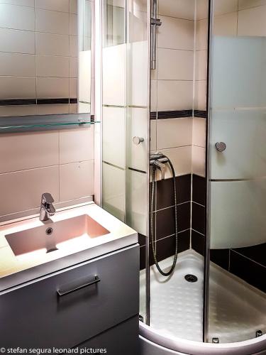 une salle de bain avec un lavabo et une douche dans l'établissement Un petit coin de paradis, à Saint-Cyprien