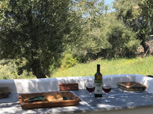 パルテノンにあるPetrino Spitiのワイン1本とグラス2杯付きのテーブル