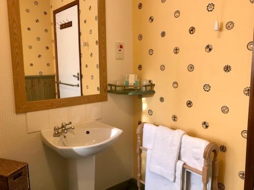 a bathroom with a sink and a mirror and towels at The Sunningdale in Skegness