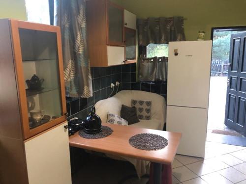 a kitchen with a table and a refrigerator at Agroturystyka Oaza Ciszy i Spokoju in Międzychód