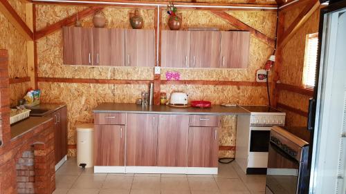 a kitchen with wooden cabinets and a counter top at La Podul Gornii in Gornea