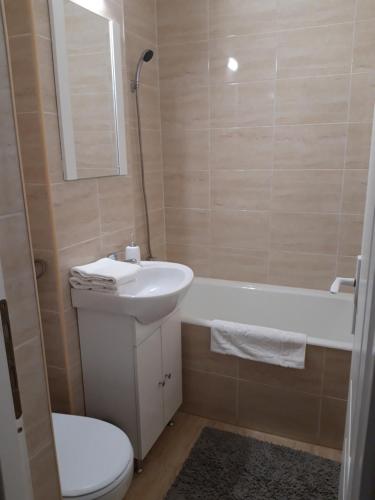 a bathroom with a sink and a toilet and a bath tub at Focus Home in Miercurea-Ciuc