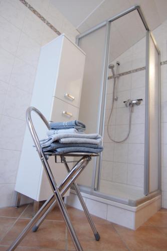 a chair in a bathroom with a shower at Strandnahe Ferienwohnungen mit Garten in Koserow
