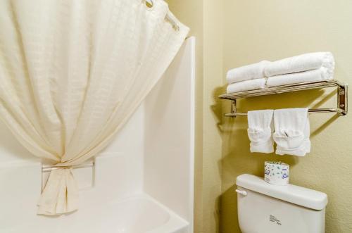 Cobblestone Inn & Suites-Kersey في Kersey: حمام مع ستارة دش ومرحاض ومناشف