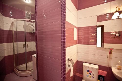 a bathroom with a shower and a toilet and a sink at MOST City 2-Room Apartment with Balcony in Dnipro