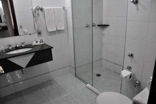 a bathroom with a toilet, sink, and shower stall at Blue Tree Towers Saint Michel in Curitiba