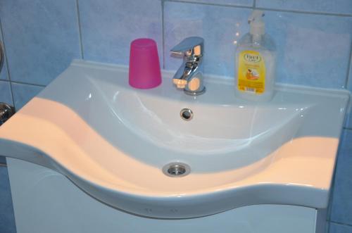 a white sink with a pink bottle and soap on it at Ema & Sea Apartment's in Pula
