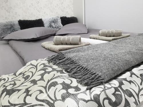 德瓦的住宿－The Place，两张带枕头和毯子的床