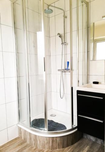 une douche avec une porte vitrée dans une salle de bain dans l'établissement Cabourg centre, appartement pour 4 personnes à 100m de la mer, à Cabourg