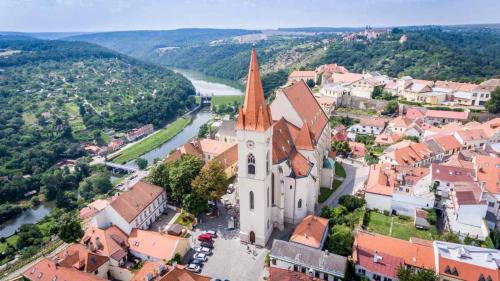 an aerial view of a town with a church at Garden apartments in Znojmo