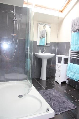 uma casa de banho com um chuveiro e um lavatório. em The Annexe, Tregoose House em Newquay