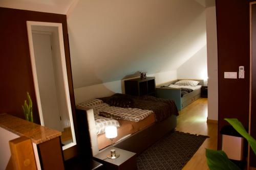 een kleine slaapkamer met 2 bedden en een spiegel bij Liveza House in Miklavž pri Ormožu