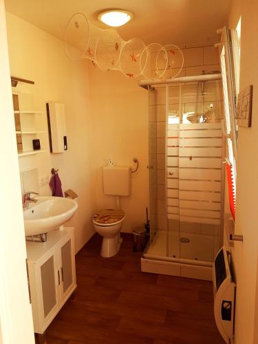 a bathroom with a sink and a toilet and a shower at Ferienhaus direkt am Badesee Bungalow 11 Schönsee in Urnshausen