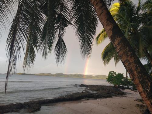 a rainbow over the ocean with palm trees at RSK Beach and Accommodation in Dapa